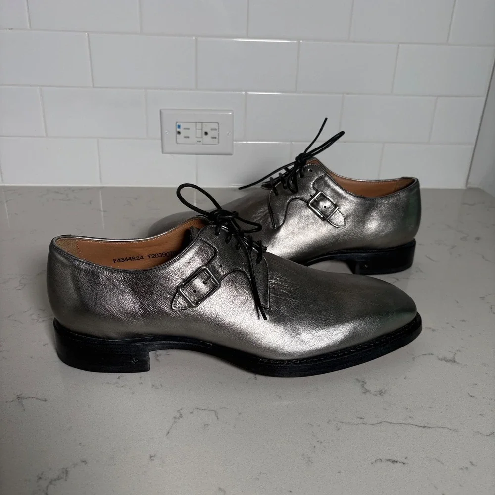 John Varvatos Mens Metallic Silver Leather Derby Buckle Shoes Size 11
